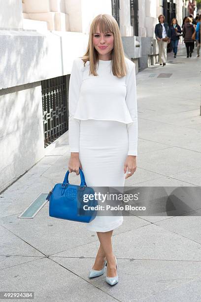 Actress Esmeralda Moya is seen arriving to 'Petit Fashion Week' event at 'Palacio de Cristal' on October 16, 2015 in Madrid, Spain.