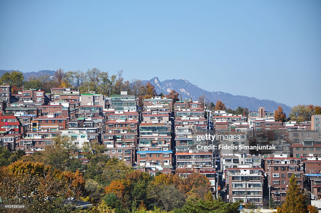 Crowded housing on the hill in Seoul