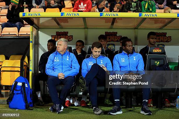 Coach Ugo Ehiogu and Assistant Coach Matthew Wells of Tottenham Hotspur during the Barclays U21 Premier League match between Norwich City U21 and...