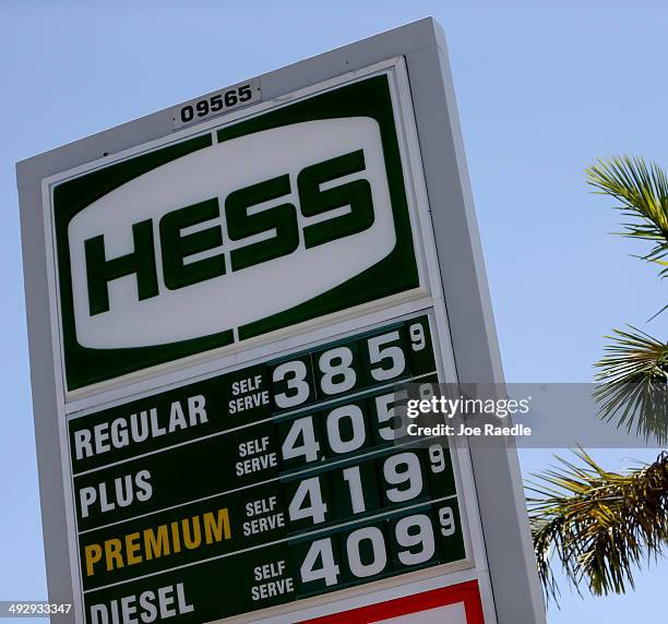 Sign at a Hess gas station is seen on May 22, 2014 in Miami, Florida. The Hess Corporation announced that it would sell its retail arm to Marathon...