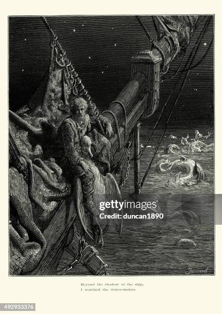 rime of the ancient mariner - water snakes - sea monster stock illustrations