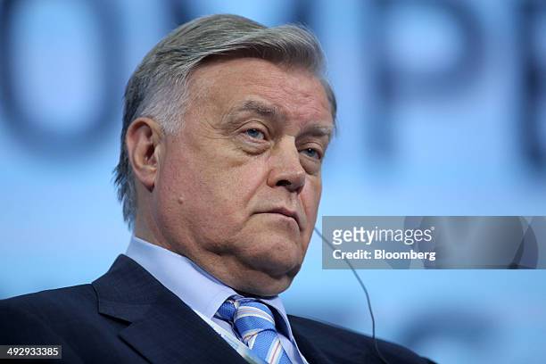 Vladimir Yakunin, chief executive officer of OAO Russian Railways, pauses during a session at the St. Petersburg International Economic Forum in...