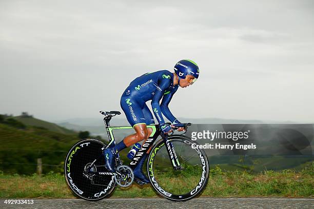 Nairo Quintana of Colombia and team Movistar in action during the twelfth stage of the 2014 Giro d'Italia, a 42km Individual Time Trial stage between...