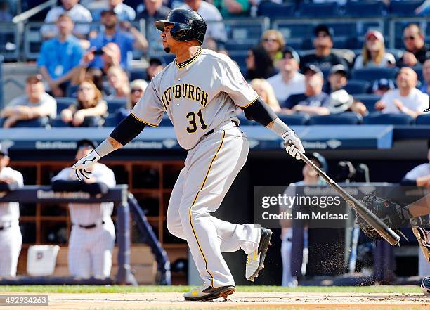 Jose Tabata of the Pittsburgh Pirates in action against the New York Yankees at Yankee Stadium on May 17, 2014 in the Bronx borough of New York City....