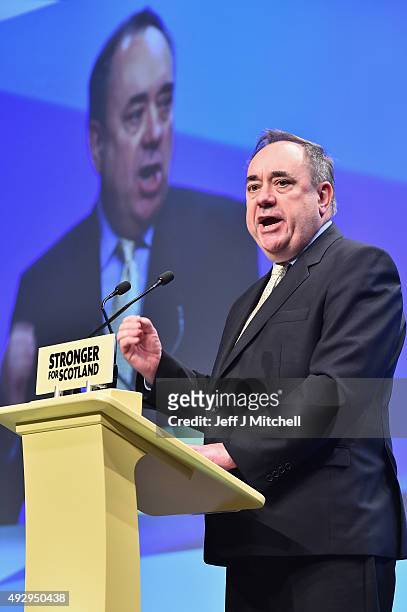 Alex Salmond MP speaks during the afternoon session on day two of the 81st annual conference at the Aberdeen Exhibition and Conference Centre on...