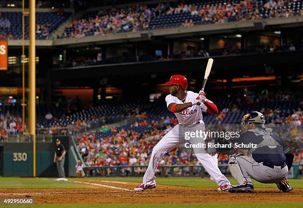 Domonic Brown of the Philadelphia Phillies in action against the San Diego Padres during a MLB game at Citizens Bank Park on August 29, 2015 in...