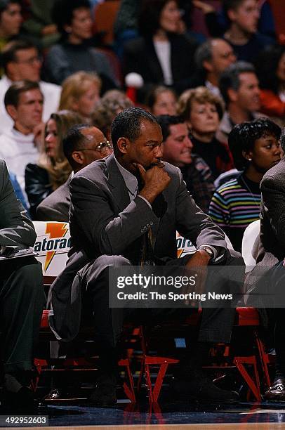 Head coach Bernie Bickerstaff of the Washington Wizards watches the action against the Houston Rockets during the game on December 27, 1997 at the...