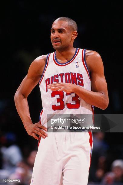 Grant Hill of the Detroit Pistons reacts during the game against the Vancouver Grizzlies on March 26, 1996 at The Palace of Auburn Hills in Auburn...