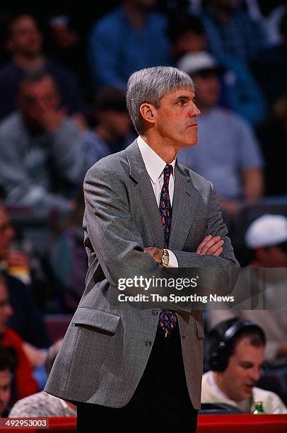 Head coach Brian Winters of the Vancouver Grizzlies watches the action against the Detroit Pistons on March 26, 1996 at The Palace of Auburn Hills in...