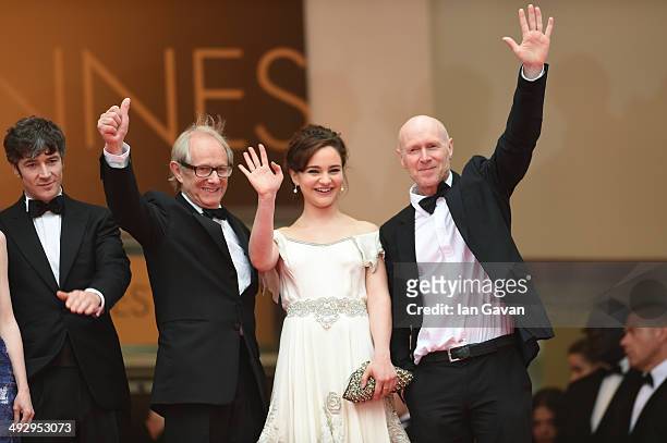Barry Ward, director Ken Loach, Aisling Franciosi and Paul Laverty attend the "Jimmy's Hall" premiere during the 67th Annual Cannes Film Festival on...