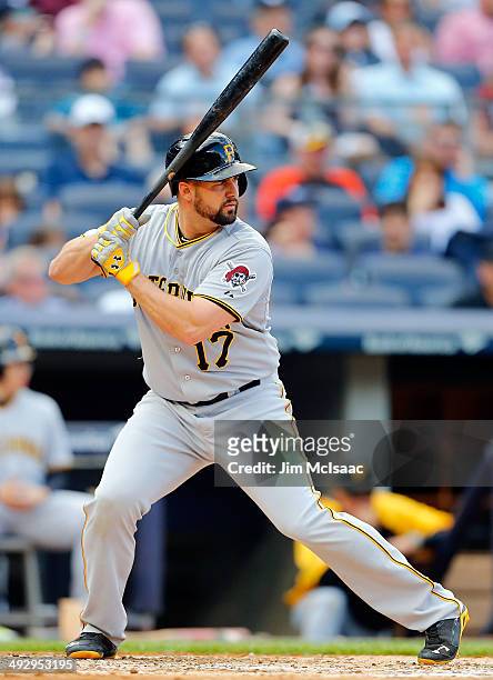 Gaby Sanchez of the Pittsburgh Pirates in action against the New York Yankees at Yankee Stadium on May 17, 2014 in the Bronx borough of New York...