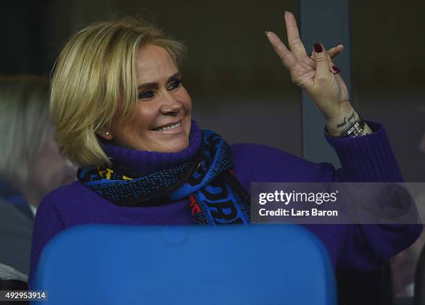 Claudia Effenberg, wife of head coach Stefan Effenberg, is seen during the Second Bundesliga match between SC Paderborn and Eintracht Brauschweing at...