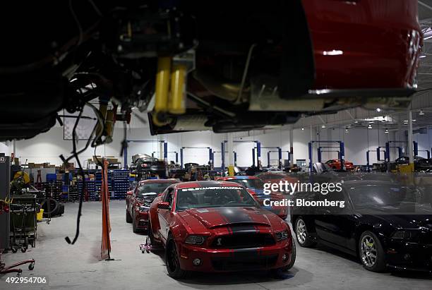 Cobra sports cars sit parked on the factory floor at the Shelby American Inc. World headquarters in Las Vegas, Nevada, U.S., on Wednesday, Oct. 14,...