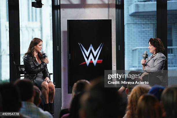 Stephanie McMahon and Donna Freydkin attend AOL BUILD Presents at AOL Studios in New York on October 16, 2015 in New York City.