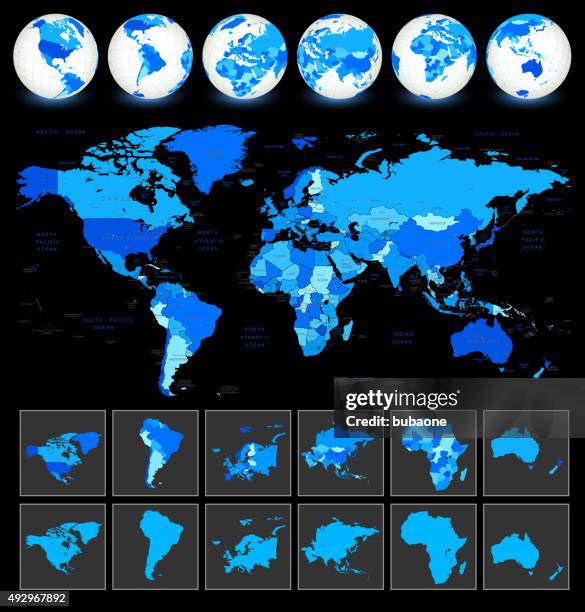 illustrazioni stock, clip art, cartoni animati e icone di tendenza di mondo mappa geografica - planisfero politico