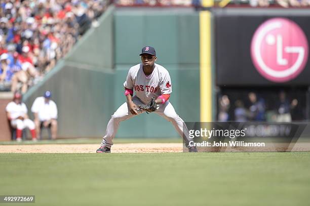 Third baseman Jonathan Herrera of the Boston Red Sox looks to home plate for the pitch from his position in the field during the game against the...