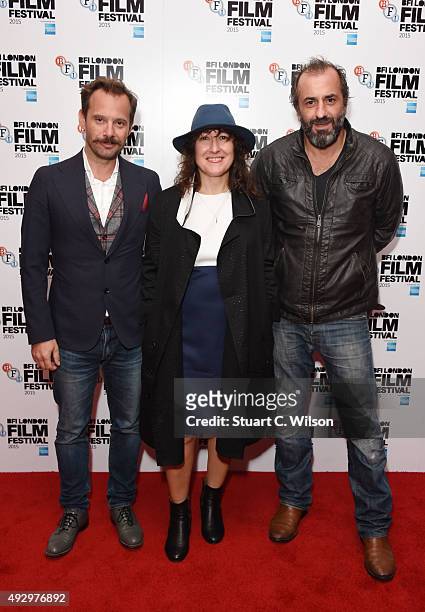Yorgos Pirpassopoulos, Athina Rachel and Panos Koronis attend the 'Chevalier' screening during the BFI London Film Festival at Vue Leicester Square...