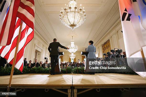 President Barack Obama and South Korean President Park Geun-hye hold a joint press conference in the East Room of the White House October 16, 2015 in...