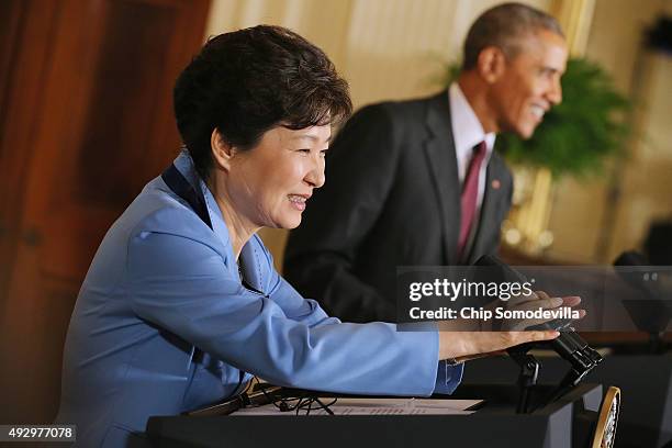 President Barack Obama and South Korean President Park Geun-hye hold a joint press conference in the East Room of the White House October 16, 2015 in...