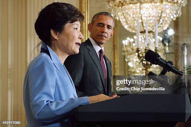 South Korean President Park Geun-hye and U.S. President Barack Obama hold a joint press conference in the East Room of the White House October 16,...