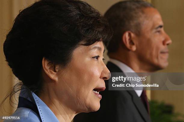South Korean President Park Geun-hye and U.S. President Barack Obama hold a joint press conference in the East Room of the White House October 16,...