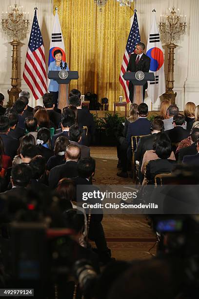 South Korean President Park Geun-hye and U.S. President Barack Obama hold a joint press conference in the East Room of the White House October 16,...