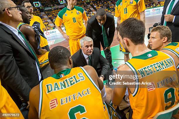 Philippe Herve, Head Coach of Limoges CSP talking during time out at the Turkish Airlines Euroleague Basketball Regular Season Date 1 game Limoges...