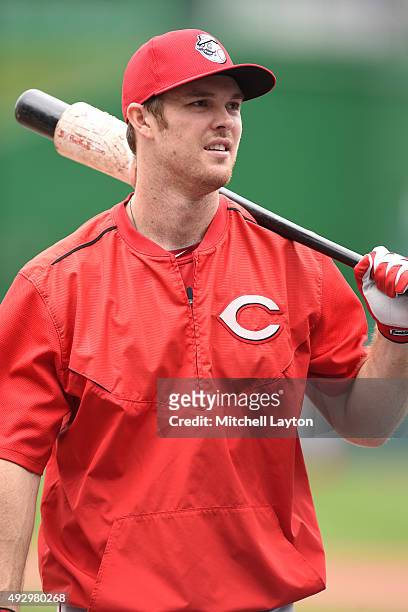 Brennan Boesch of the Cincinnati Reds looks on during batting practice of a baseball game against the Washington Nationals at Nationals Park on...