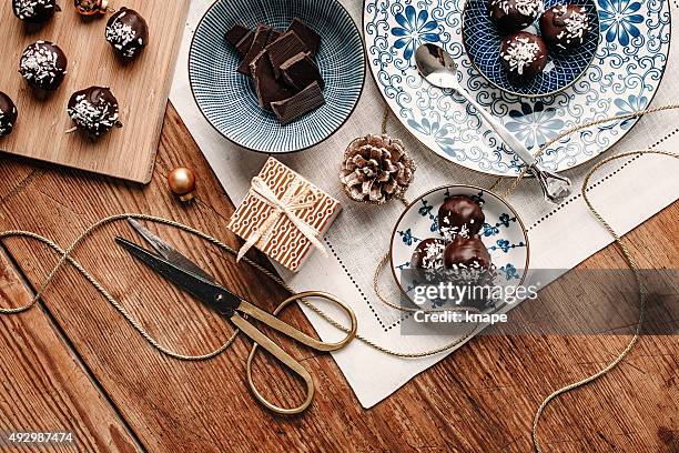 homemade chocolate candy gift overhead table top - chocolate truffles stock pictures, royalty-free photos & images