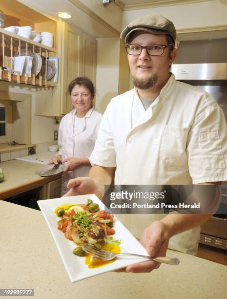 Thursday, November 8, 2012 -- The 91 South Bistro at the Pine Crest Inn in Gorham, with chef Noah Gaston who prepared a flamed greek cheese appetizer...