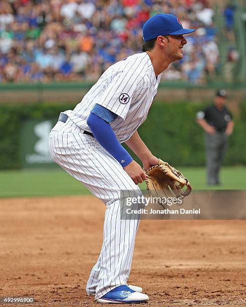 Kris Bryant of the Chicago Cubs awaits the pitch against the Philadelphia Phillies at Wrigley Field on July 24, 2015 in Chicago, Illinois. The...