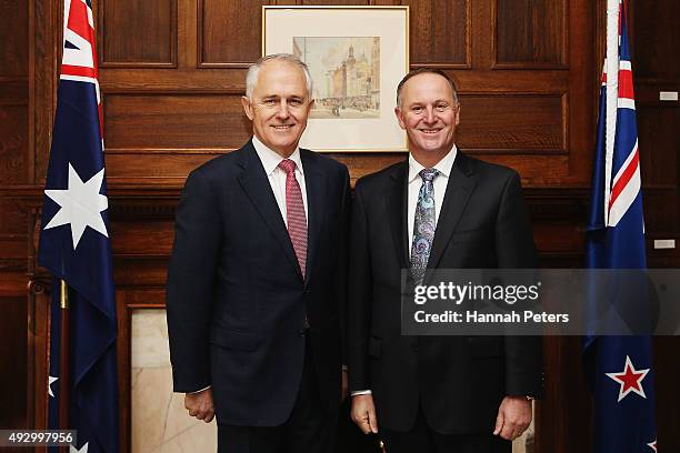 Australian Prime Minister Malcolm Turnbull is welcomed by New Zealand Prime Minister John Key at Government House on October 17, 2015 in Auckland,...
