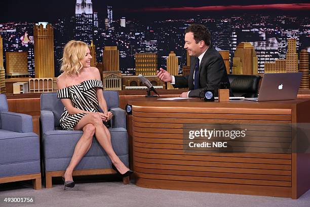 Episode 0352 -- Pictured: Actress Sienna Miller during an interview with host Jimmy Fallon on October 16, 2015 --