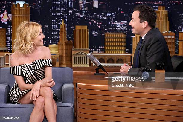 Episode 0352 -- Pictured: Actress Sienna Miller during an interview with host Jimmy Fallon on October 16, 2015 --