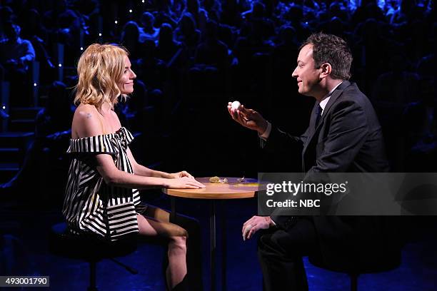 Episode 0352 -- Pictured: Actress Sienna Miller plays Egg Russian Roulette with host Jimmy Fallon on October 16, 2015 --