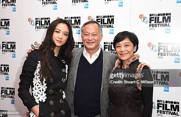 Johnnie To, Tang Wei and Sylvia Chang attend the 'Office' Red Carpet arrivals during the BFI London Film Festival at Vue Leicester Square on October...