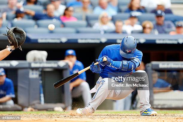 Josh Donaldson of the Toronto Blue Jays in action against the New York Yankees at Yankee Stadium on September 12, 2015 in the Bronx borough of New...