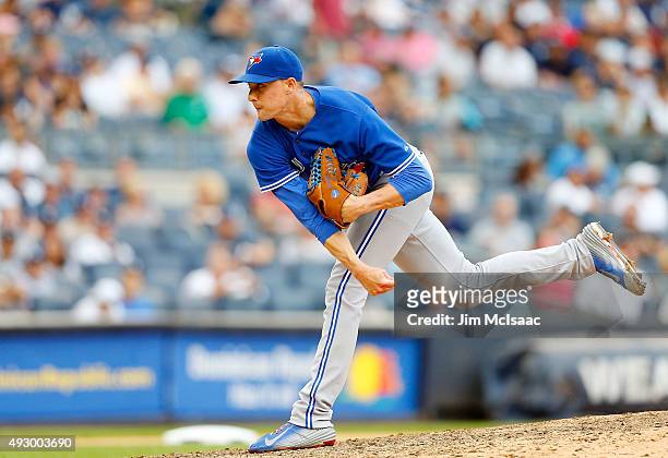Aaron Sanchez of the Toronto Blue Jays in action against the New York Yankees at Yankee Stadium on September 12, 2015 in the Bronx borough of New...