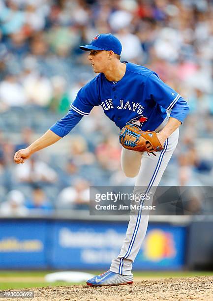 Aaron Sanchez of the Toronto Blue Jays in action against the New York Yankees at Yankee Stadium on September 12, 2015 in the Bronx borough of New...