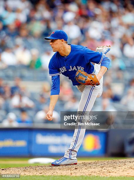 Aaron Sanchez of the Toronto Blue Jays in action against the New York Yankees at Yankee Stadium on September 12, 2015 in the Bronx borough of New...