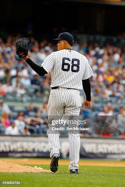 Dellin Betances of the New York Yankees in action against the Toronto Blue Jays at Yankee Stadium on September 12, 2015 in the Bronx borough of New...