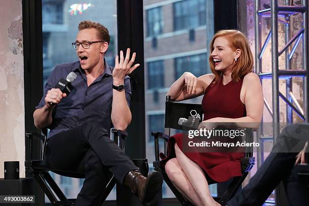 Actors Tom Hiddleston and Jessica Chastain attend AOL BUILD Presents "Crimson Peak" at AOL Studios on October 16, 2015 in New York City.