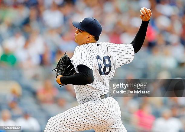 Dellin Betances of the New York Yankees in action against the Toronto Blue Jays at Yankee Stadium on September 12, 2015 in the Bronx borough of New...