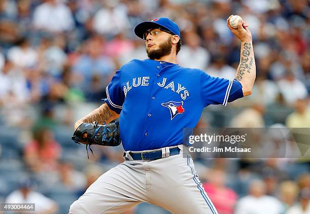 Brett Cecil of the Toronto Blue Jays in action against the New York Yankees at Yankee Stadium on September 12, 2015 in the Bronx borough of New York...