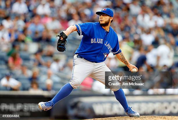 Brett Cecil of the Toronto Blue Jays in action against the New York Yankees at Yankee Stadium on September 12, 2015 in the Bronx borough of New York...