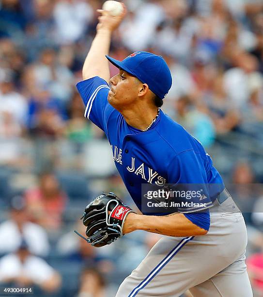 Roberto Osuna of the Toronto Blue Jays in action against the New York Yankees at Yankee Stadium on September 12, 2015 in the Bronx borough of New...