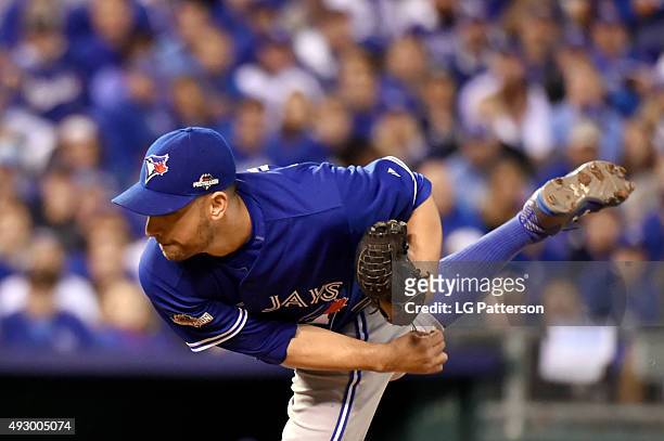 Marco Estrada of the Toronto Blue Jays pitches Game 1 of the ALCS against the Kansas City Royals at Kauffman Stadium on Friday, October 16, 2015 in...