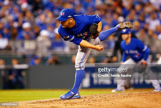 Marco Estrada of the Toronto Blue Jays throws a pitch in the first inning against the Kansas City Royals during game one of the American League...
