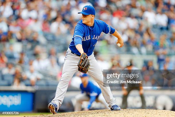 Aaron Loup of the Toronto Blue Jays in action against the New York Yankees at Yankee Stadium on September 12, 2015 in the Bronx borough of New York...