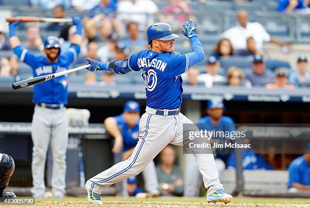 Josh Donaldson of the Toronto Blue Jays in action against the New York Yankees at Yankee Stadium on September 12, 2015 in the Bronx borough of New...